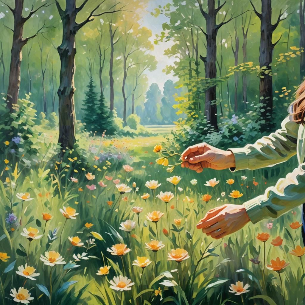 Impressionist Hands Holding Flowers in Sunny Meadow