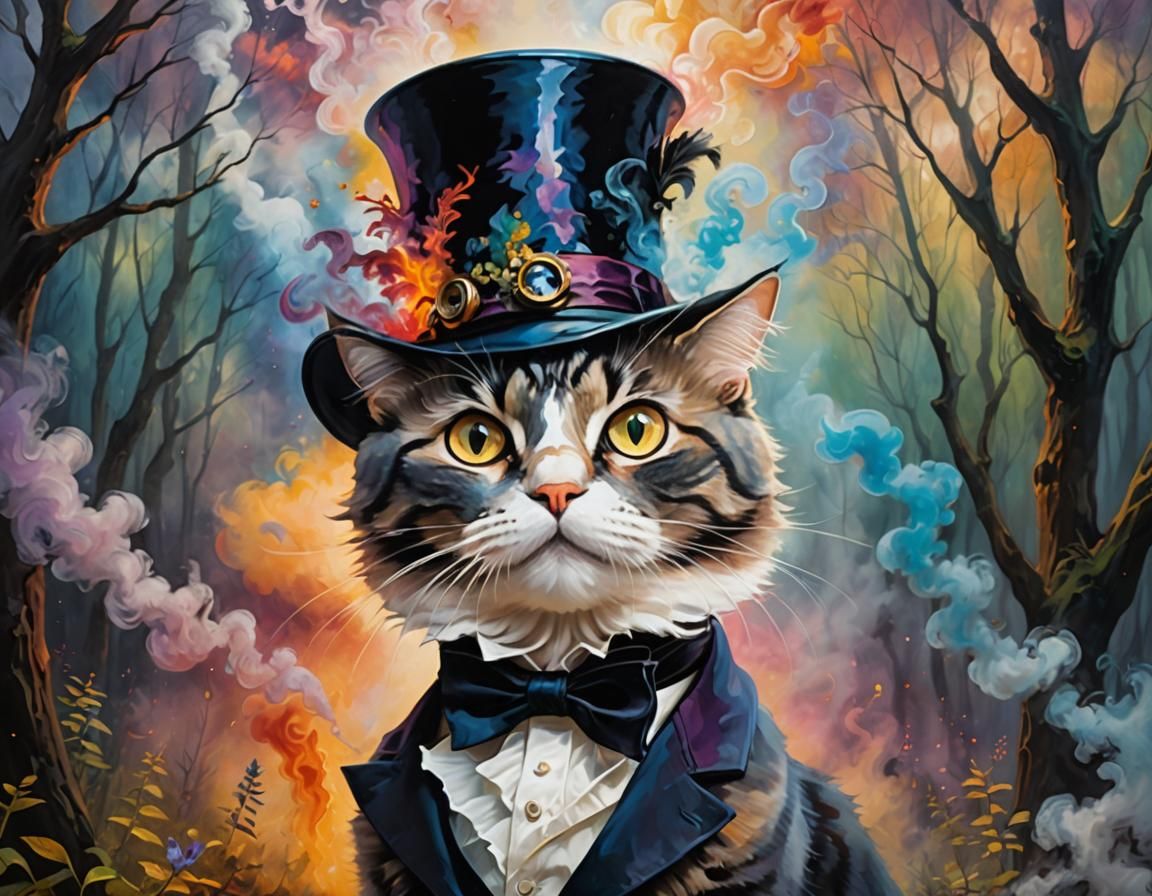 Levitating Cat in Mystical Forest: Impressionist Art