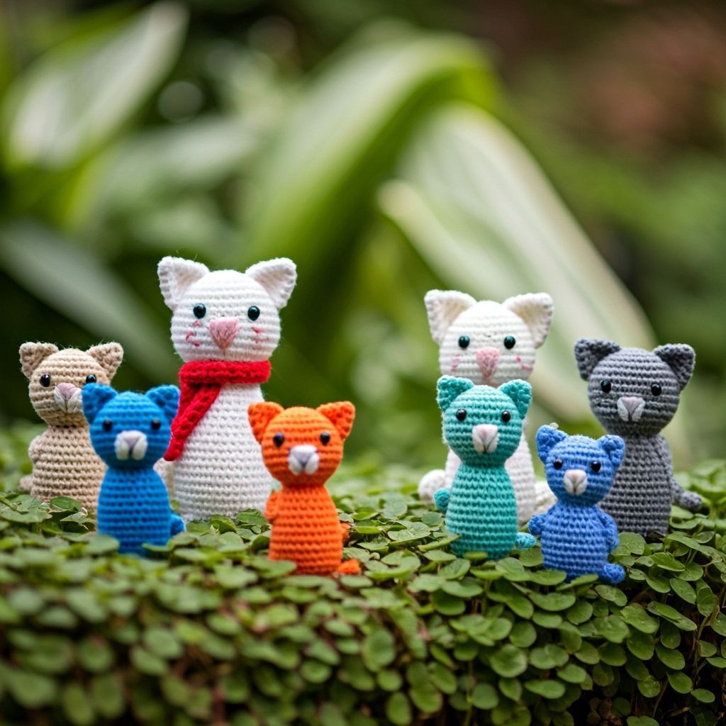 Vibrant Crochet Garden with Crochet Cats and Kittens