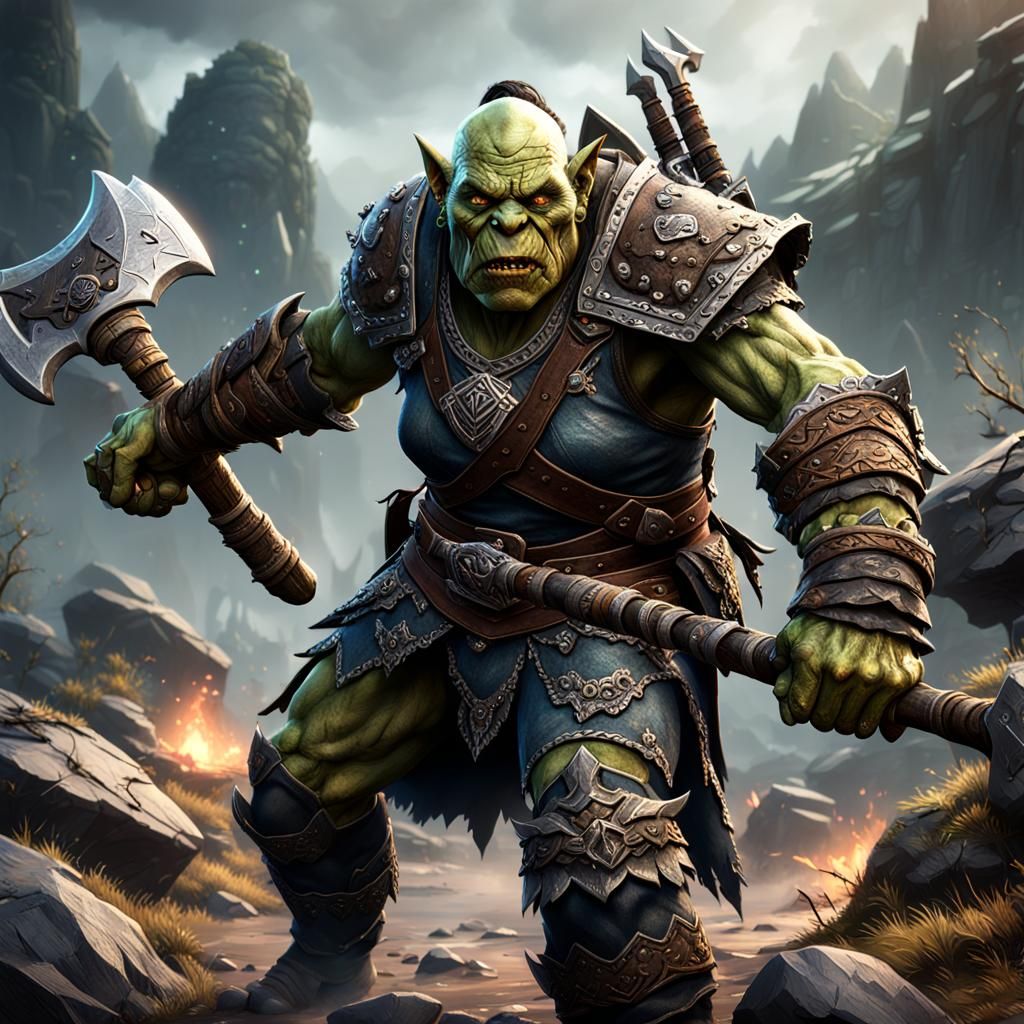 Female Orc Ranger with Axe, Fantasy Art