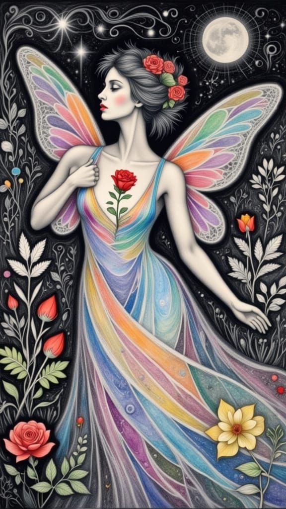 <lora:Crayon Doodles 2:1.0> <lora:Dandelion Fairies:1.0> <lora:Death River:1.0> <lora:Botanical Fae 2:1.0>  Mixed media ...