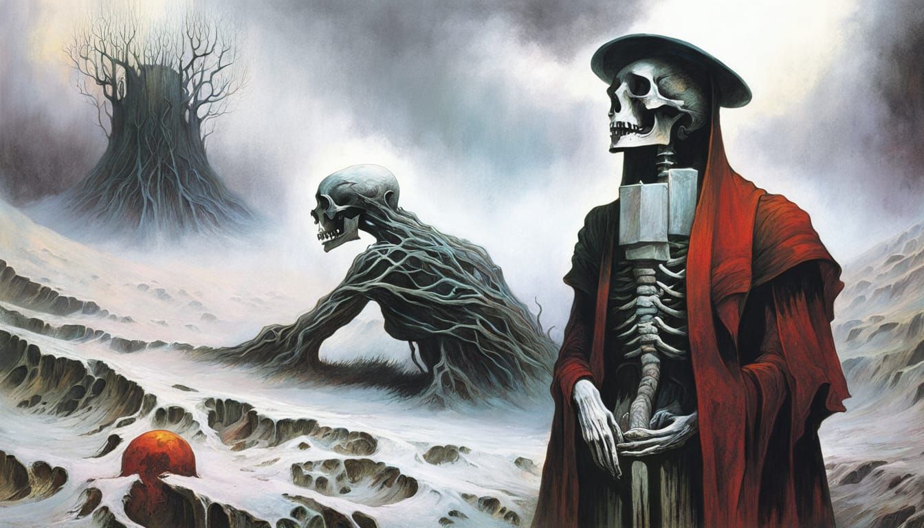 Eerie Dystopian Forest with Skeletal Figure