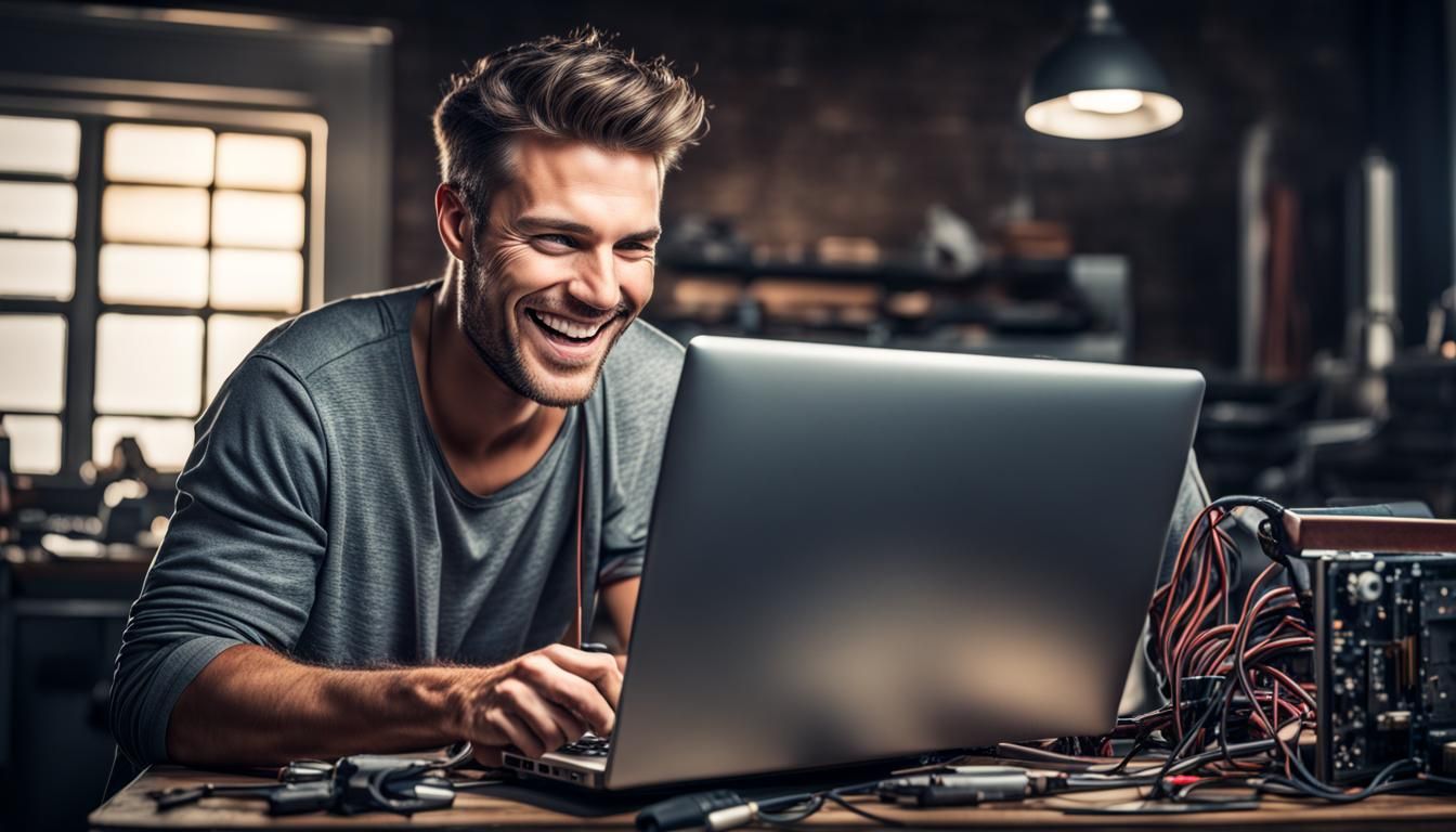 good looking alpha male with big smile repairing a laptop