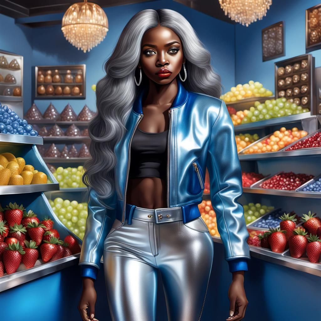 A hyper-realistic illustration of a Bronze African American woman with flawless makeup, with metallic silver and blue om...