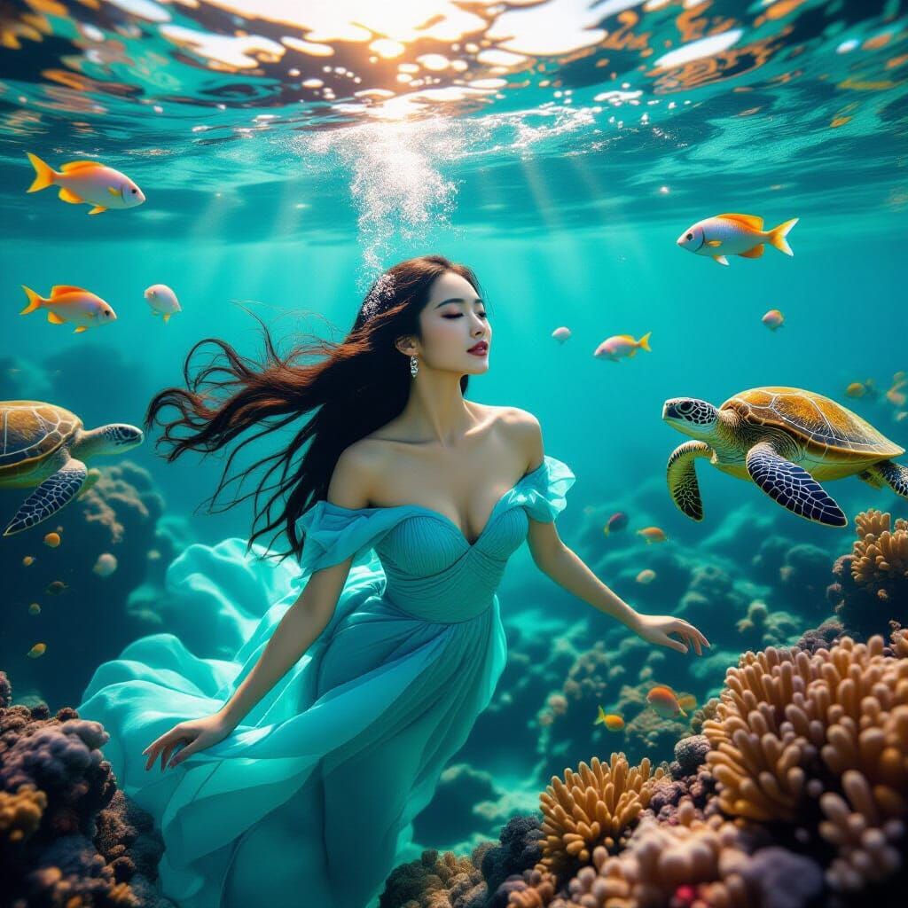 Serene Woman Swimming in Coral Reef, Cinematic Still