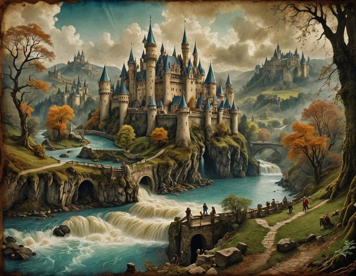 Fantasy Castle on Parchment in Vintage Style