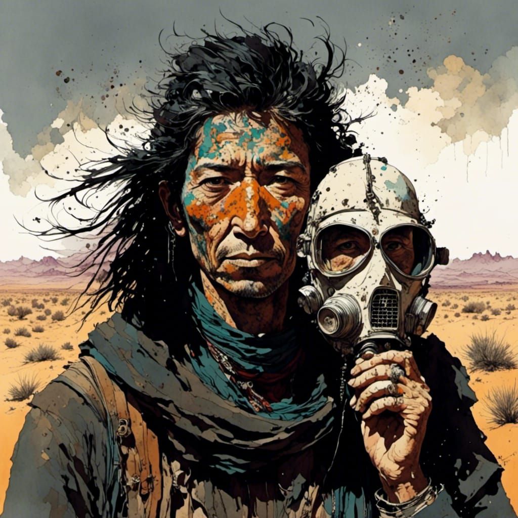 Kabuki and Oni Masks in Desert Watercolor