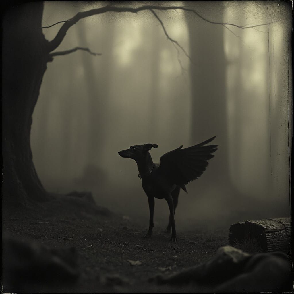 Eerie Dog-Bird Hybrid in Grungy Photogravure Style