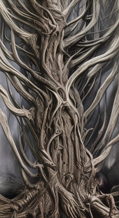 8k resolution, art by H.R. Giger, dynamic lighting, hyperdetailed, intricately detailed, dynamic motion. Central tree, t...