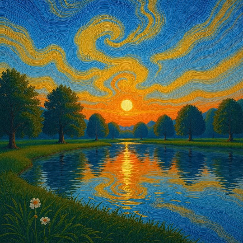 Twilight Pond Scene in Impressionist Style