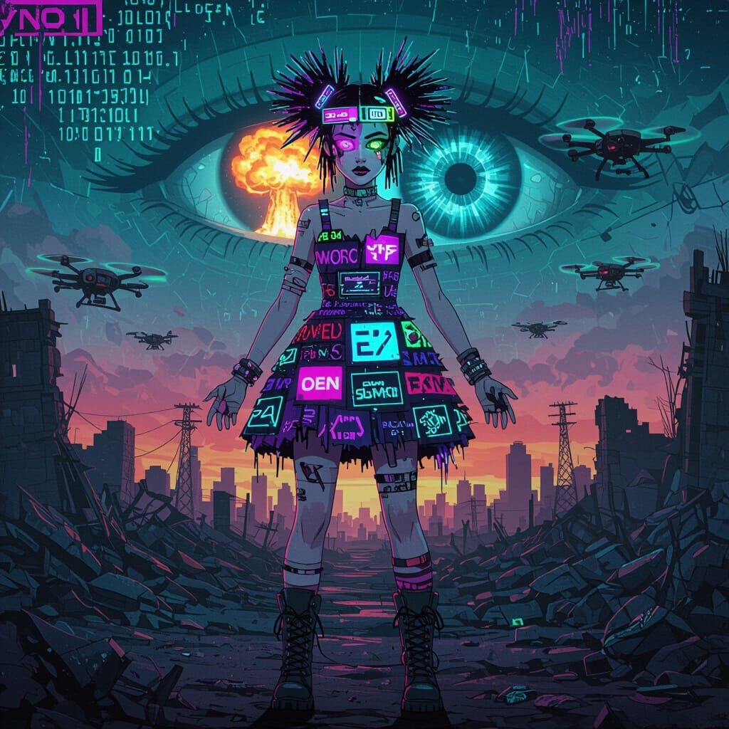 Futuristic Glitch-Art Heroine in Cyberpunk Ruin