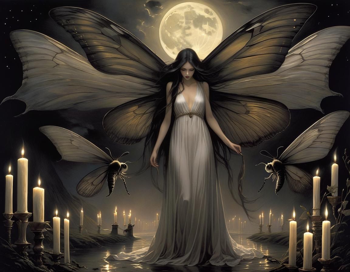 Elegant Headless Woman Stalks Moth in Flickering Candlelight