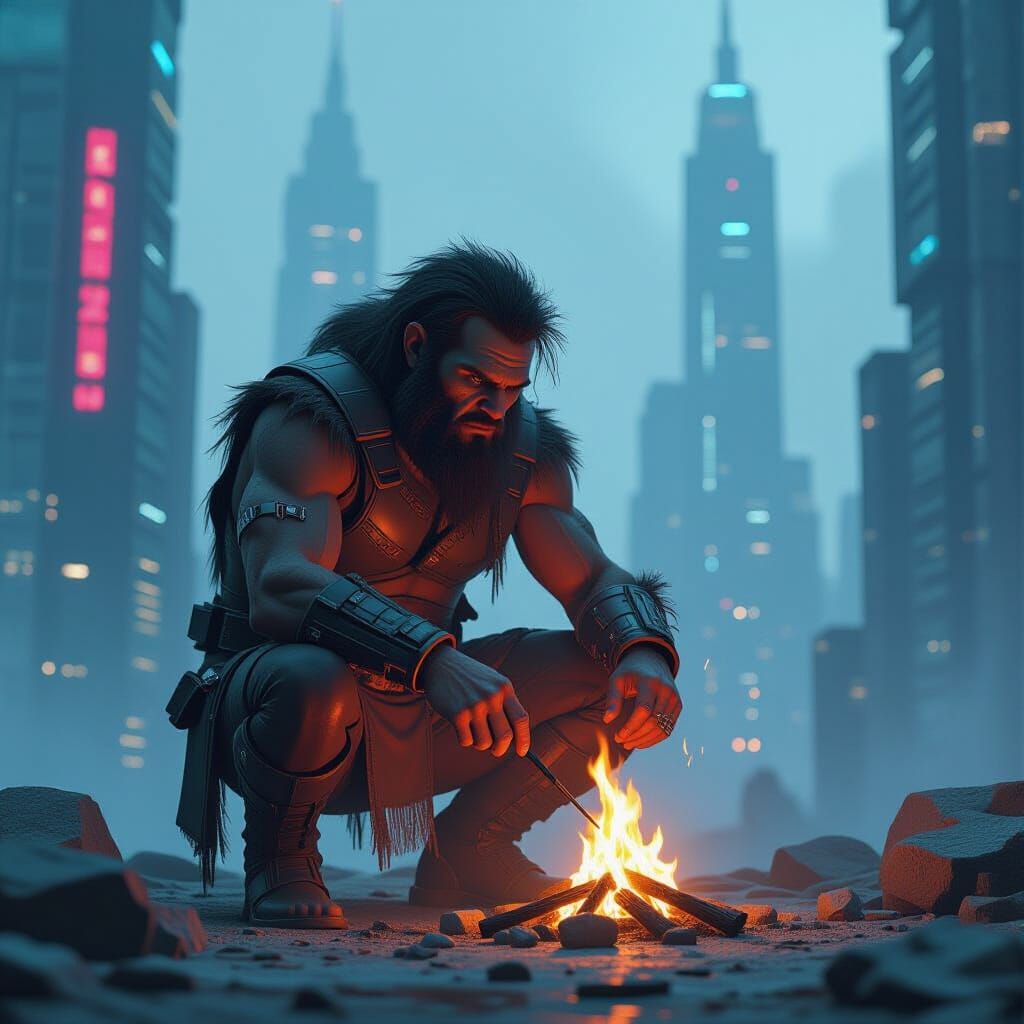 Neanderthal Attempts Fire in Retro-Futuristic Cityscape
