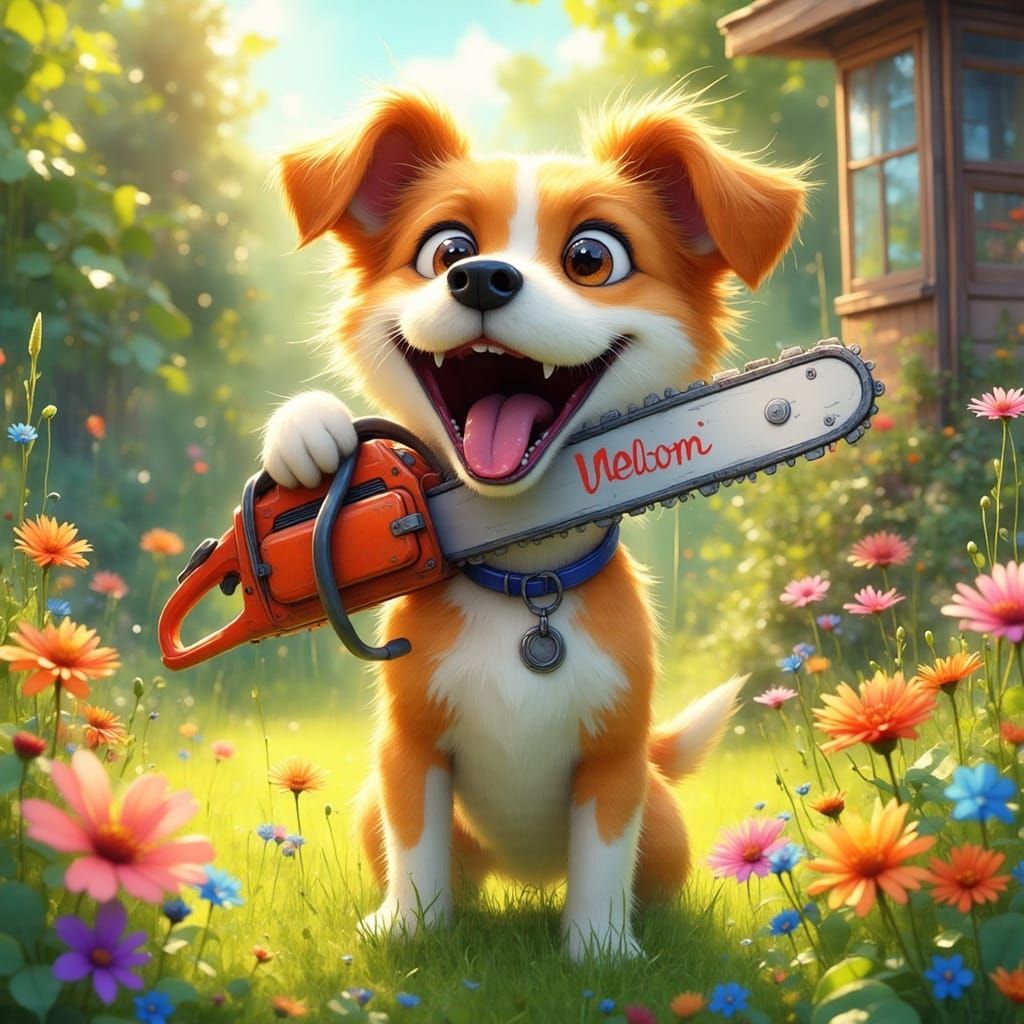 Happy Dog Finds Chainsaw in Sunny Garden