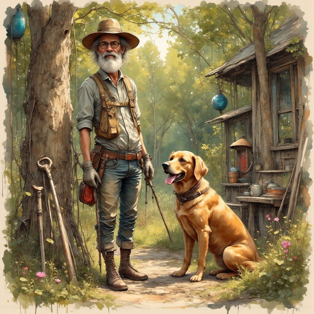 Dog Owner and Dog with Chainsaw, Rockwell Style