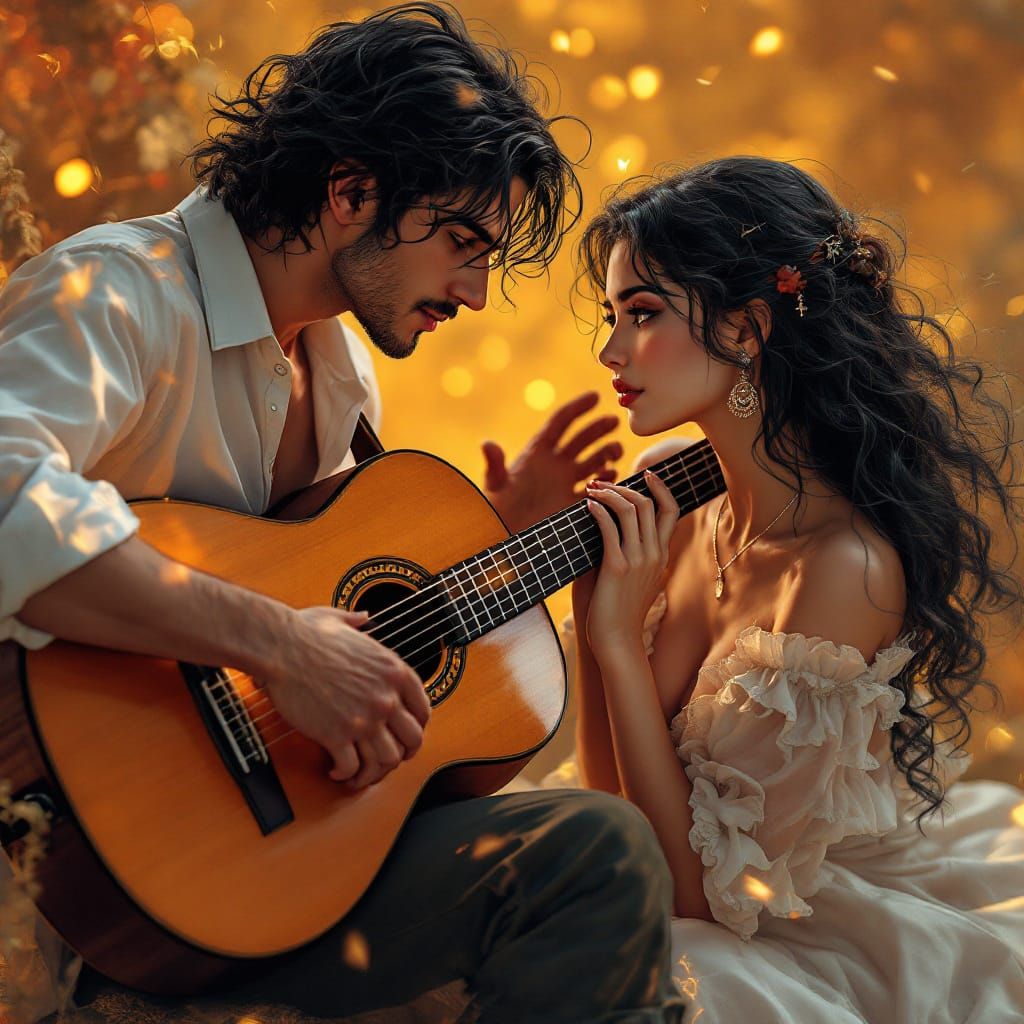 Passionate Spanish Guitar Player in Anime Style