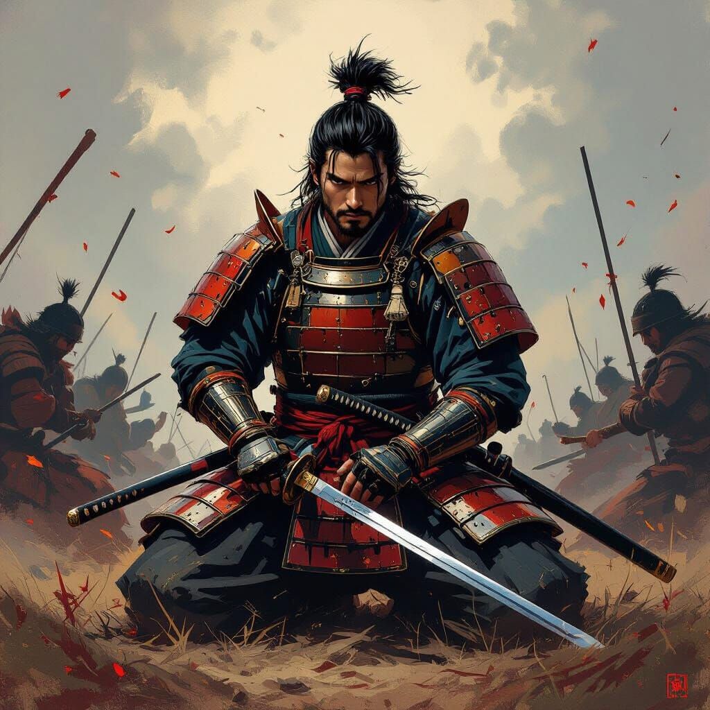 Samurai Warrior Kneeling on Battlefield in Ukiyo-e Style