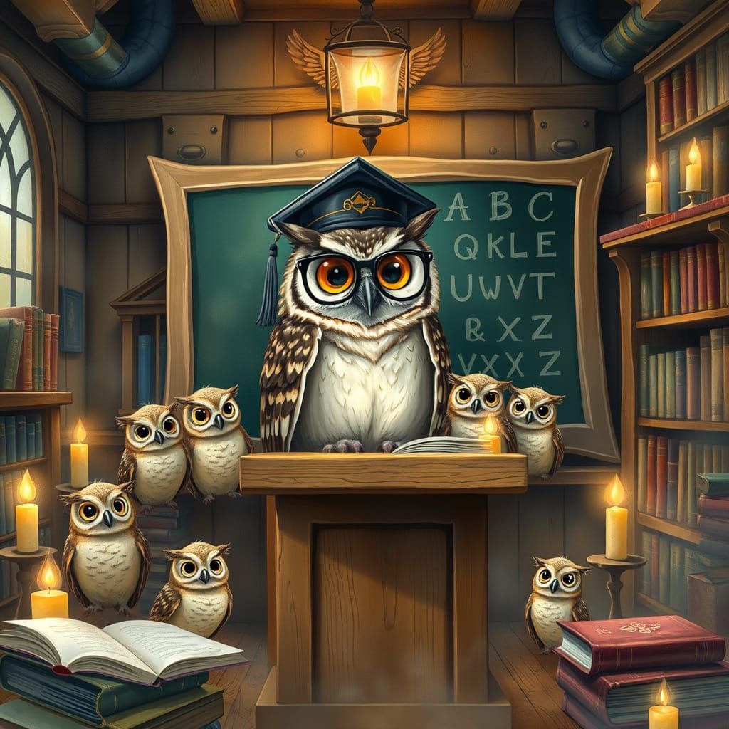 Whimsical Professor Teaches ABCs in Enchanted Library