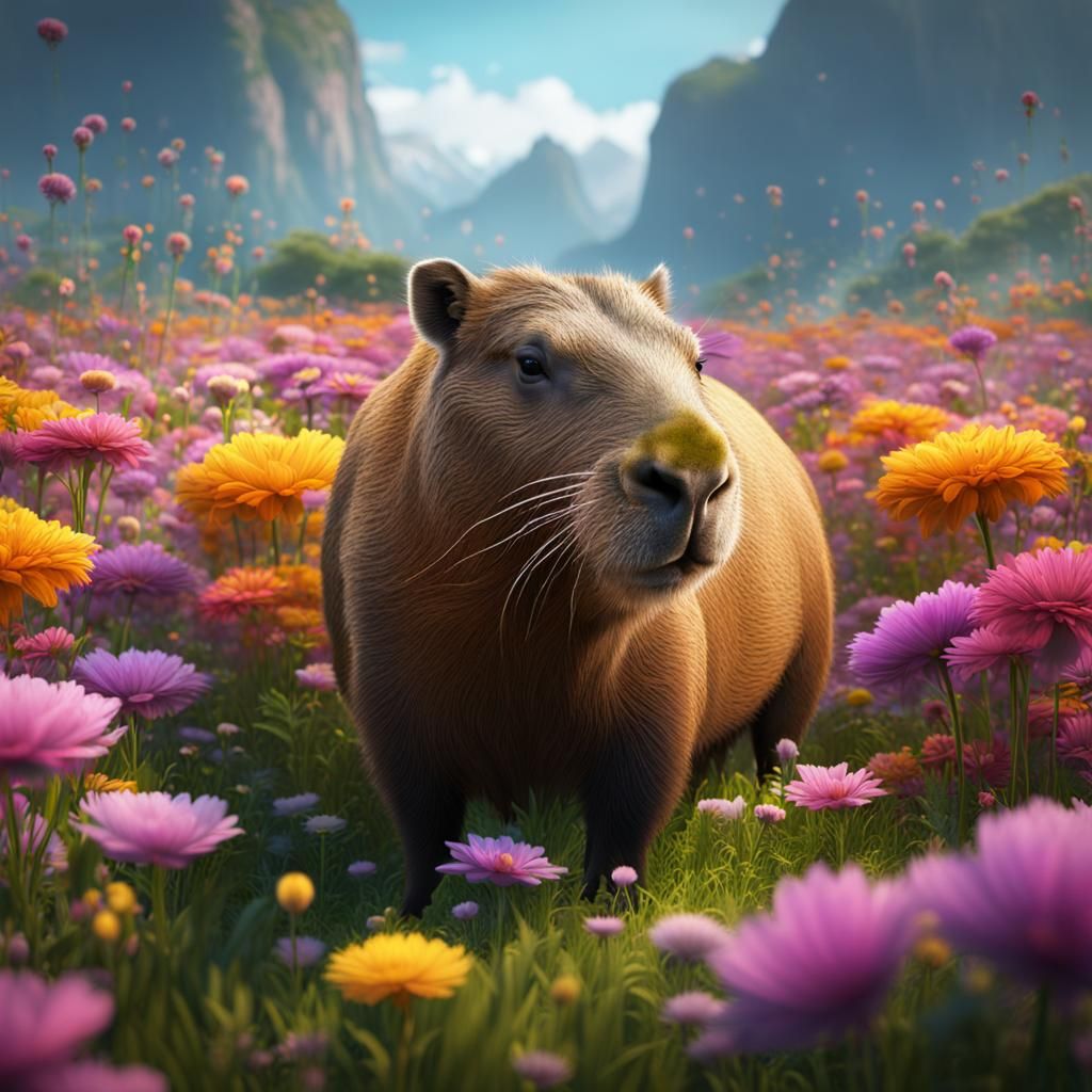 Capybara in Flower Field: Detailed Matte Painting