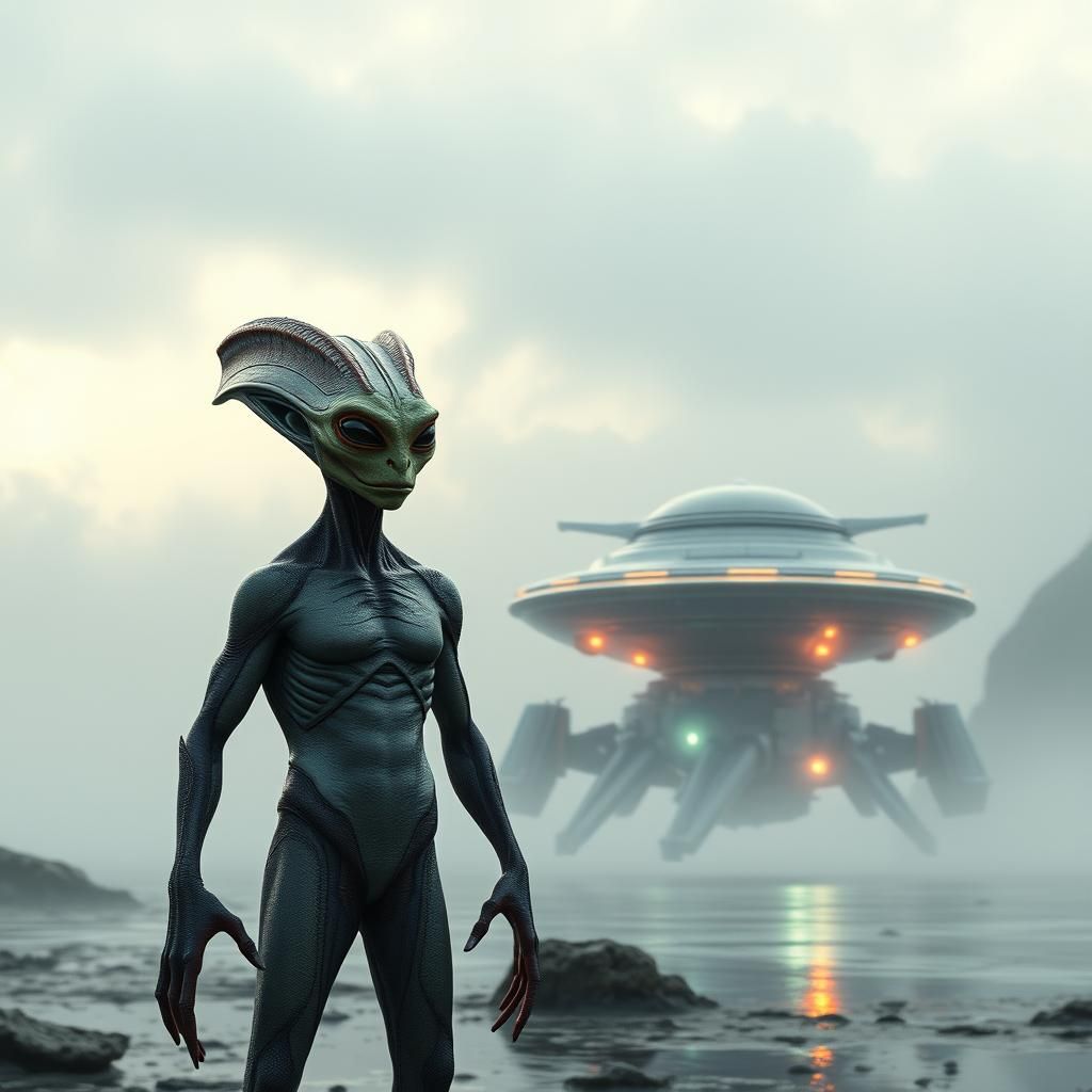 Alien Frog Man and UFO: Cinematic Digital Art