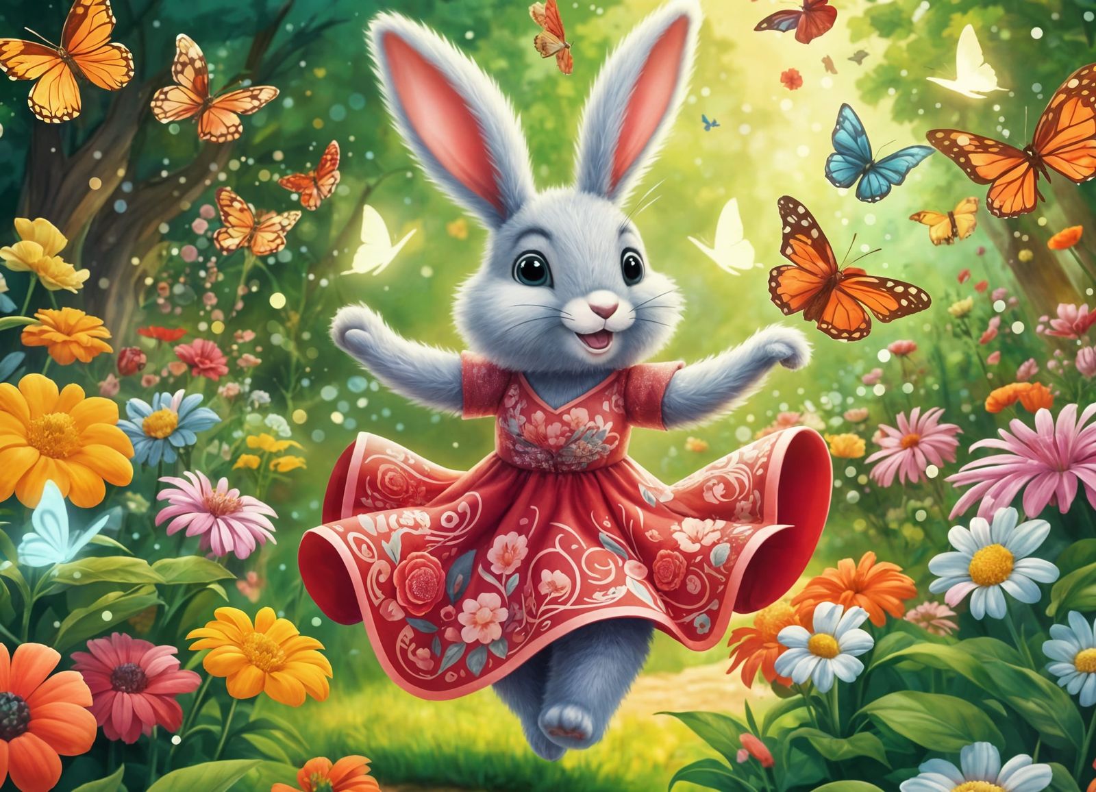 Dancing Rabbit in Magical Flower Garden