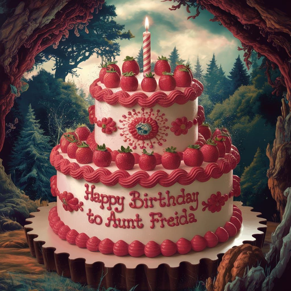Grand Strawberry Birthday Cake in Lush Forest