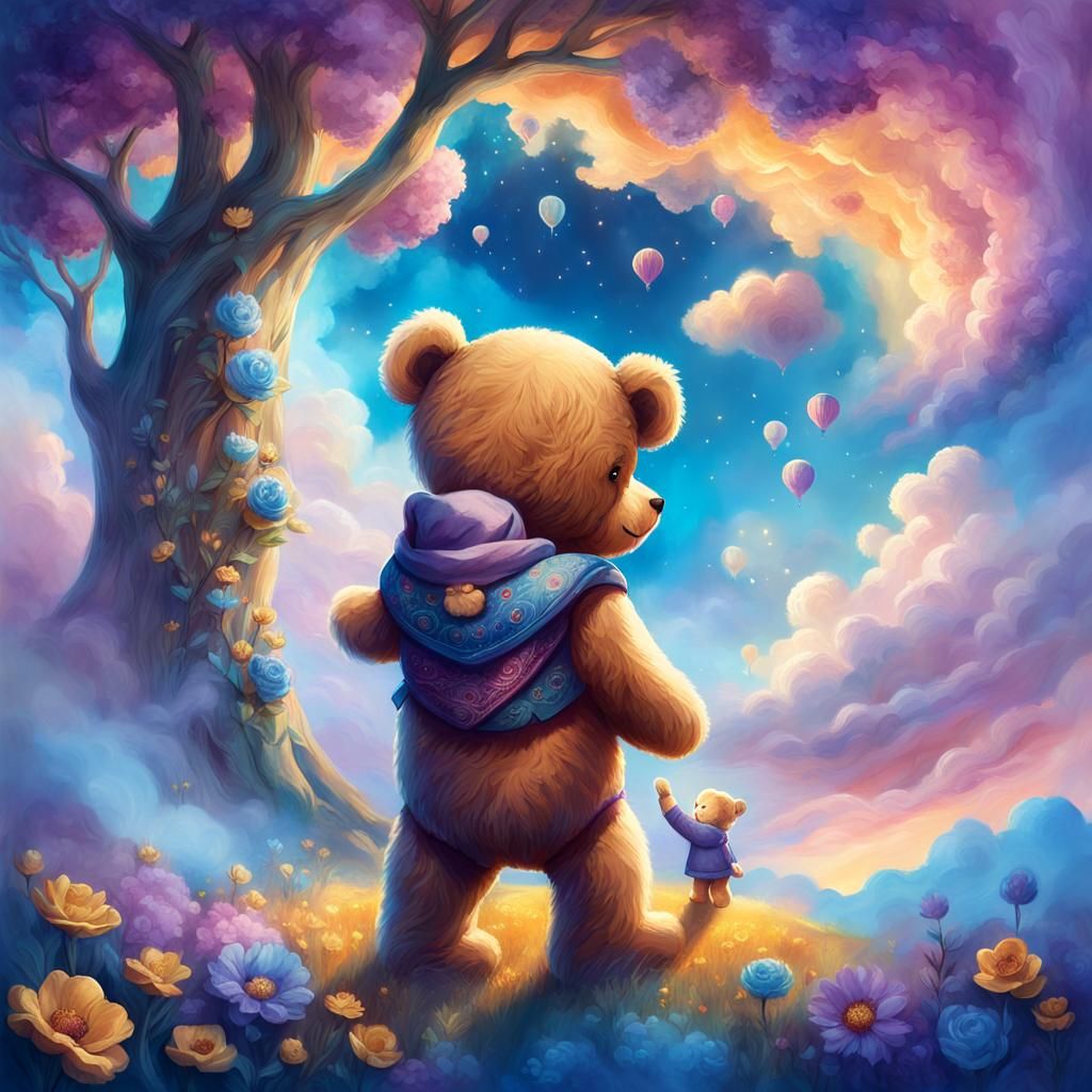 Teddy Bear and Child in Whimsical Dreamscape