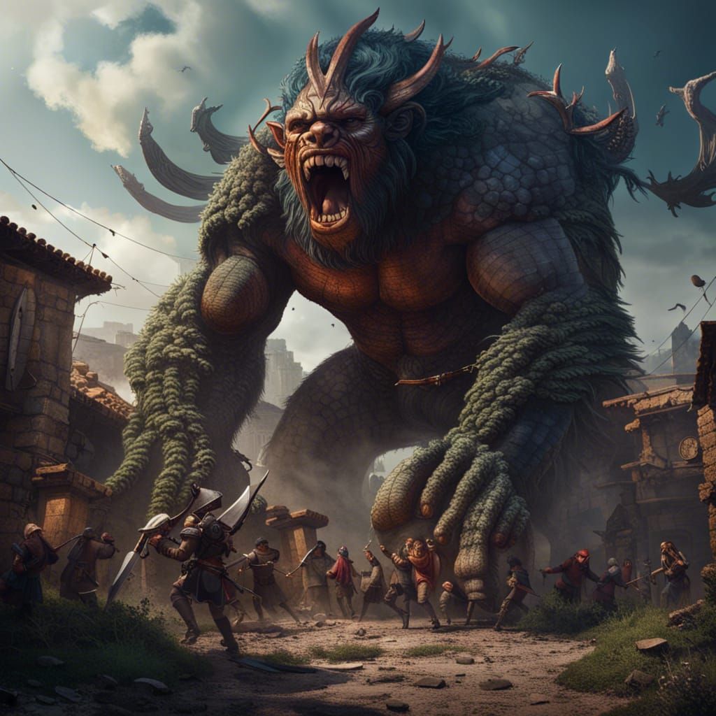 Warrior Battles Giant Lizard in Village