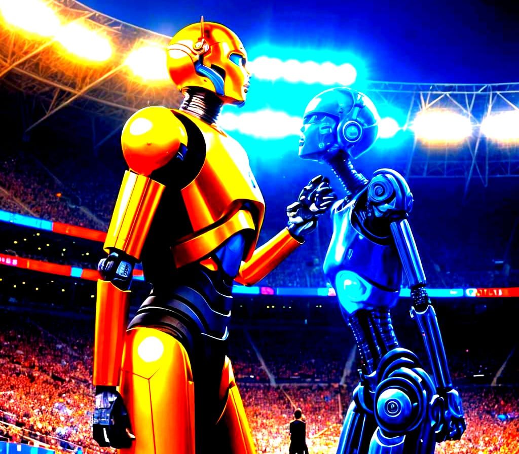 Surreal Giant Androids Playing Basketball