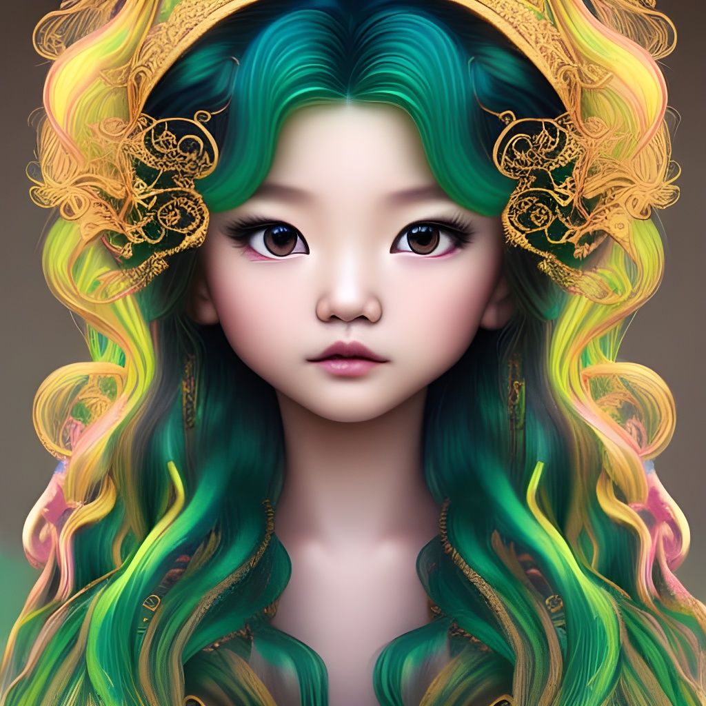 Elegant Hmong Girl with Green Hair, Art Nouveau Style