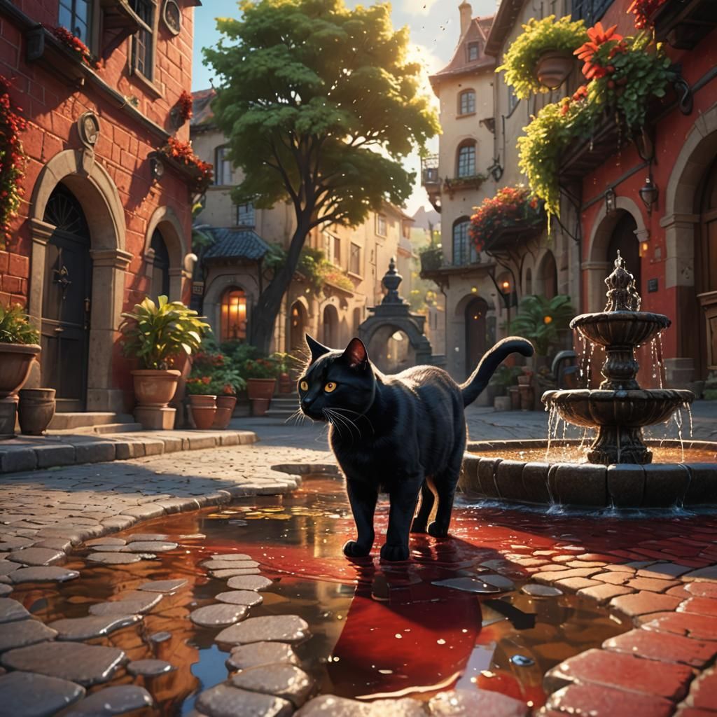 Black Cat and Owner on Cobblestone Path