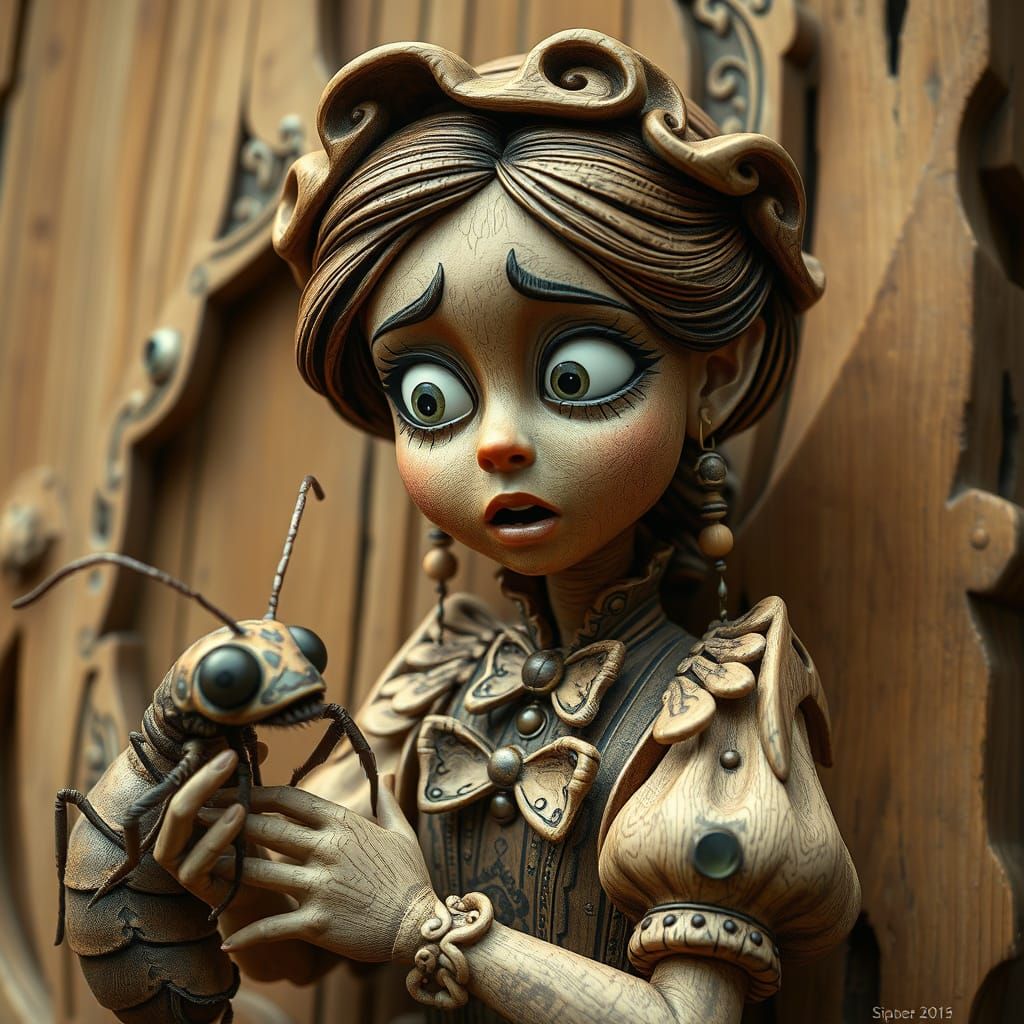Frightened Pinocchio Woman with Termite, Fantasy Art