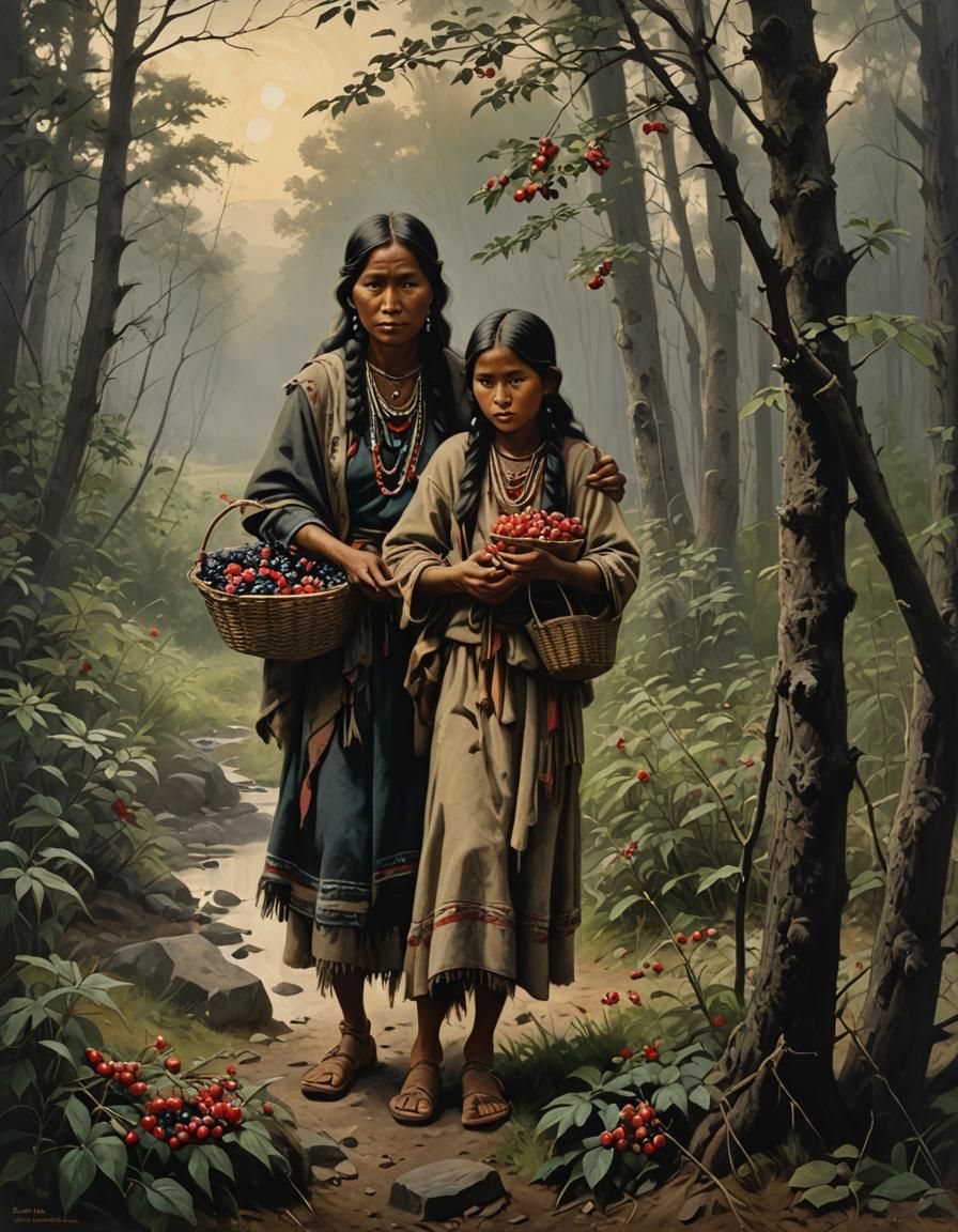 Native American Women Gathering Berries, 1930s Oil Painting