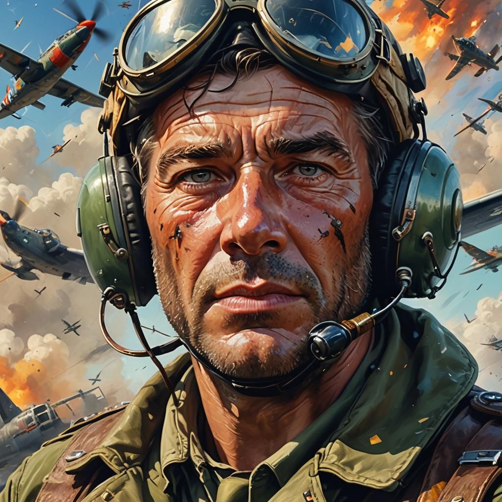 WWII Pilot Portrait in Hyperrealistic Splash Art