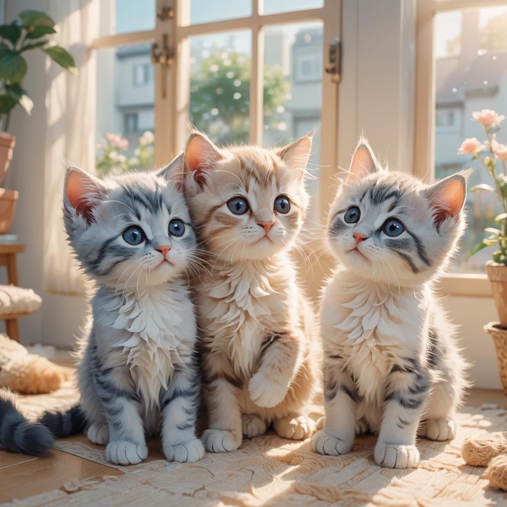 Anime Kittens Play Together in Sunlit Room