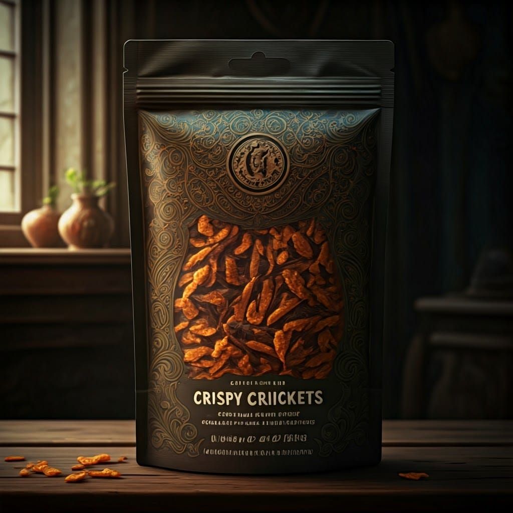 Crispy Crickets: Novelty Snack Packaging in Detailed Digital...