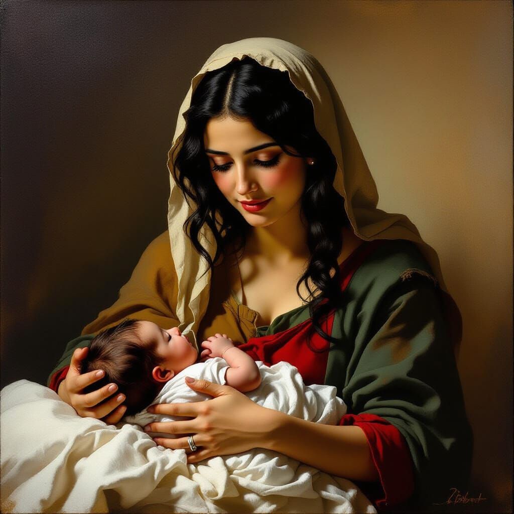 Midwife Holds Newborn in Dramatic Oil Painting Style