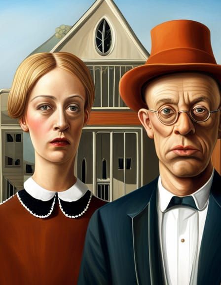 Hyperrealistic Oil Painting: American Gothic as Clowns