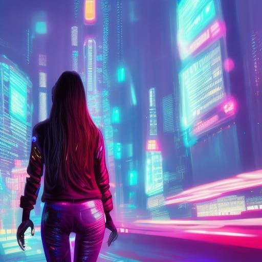 Cyberpunk Woman in Neon Cityscape, Detailed Digital Art