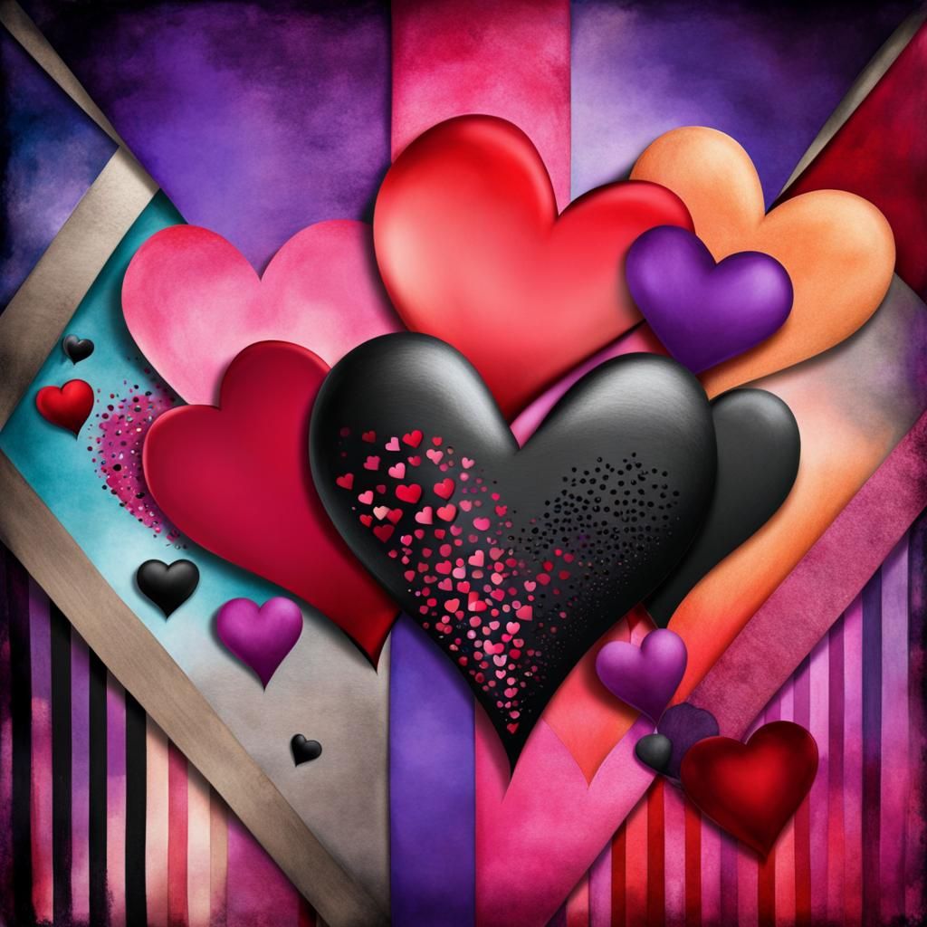 Colorful Hearts on Scrapbook Paper in Surreal Style