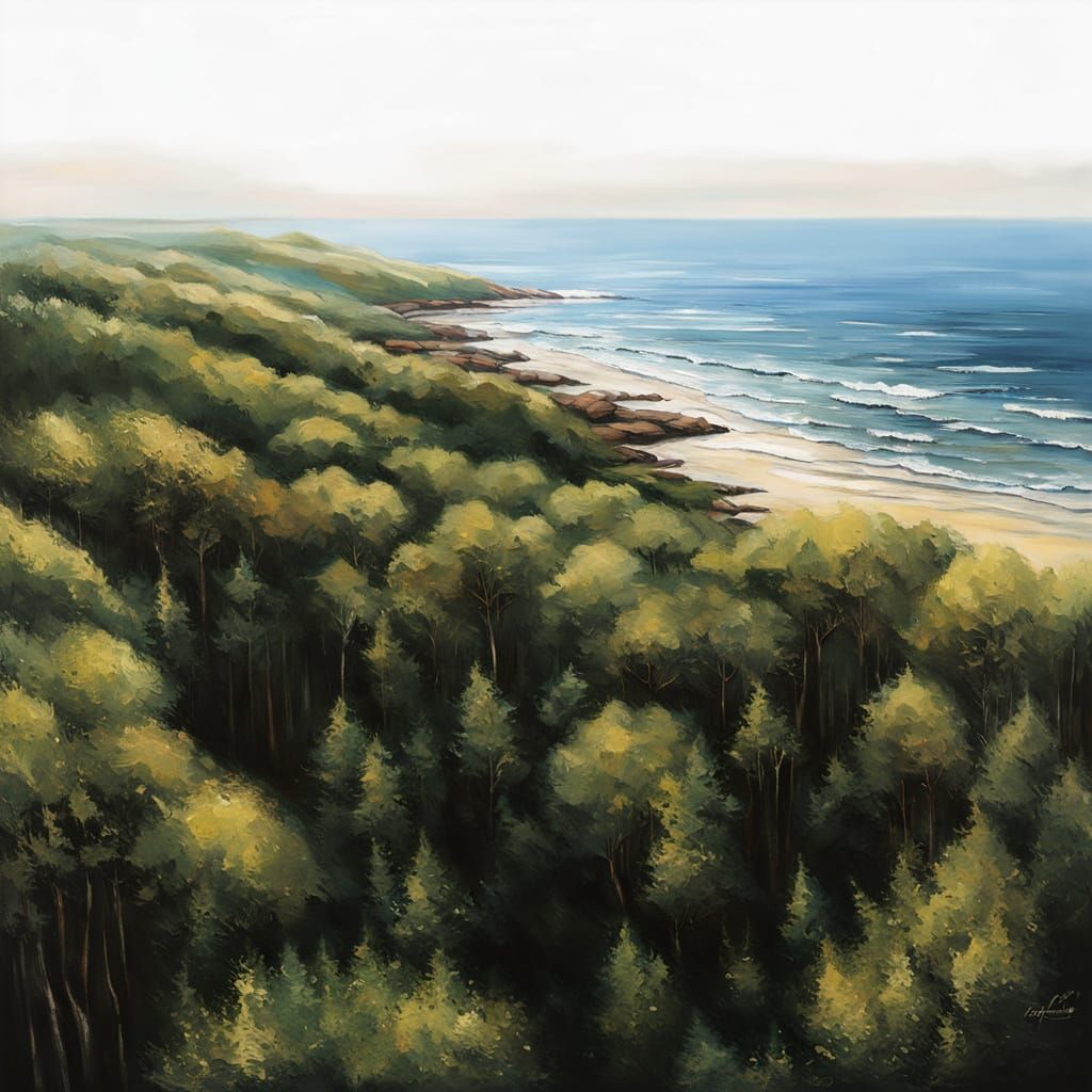 Impressionist Oil Painting of Forest Meeting the Sea