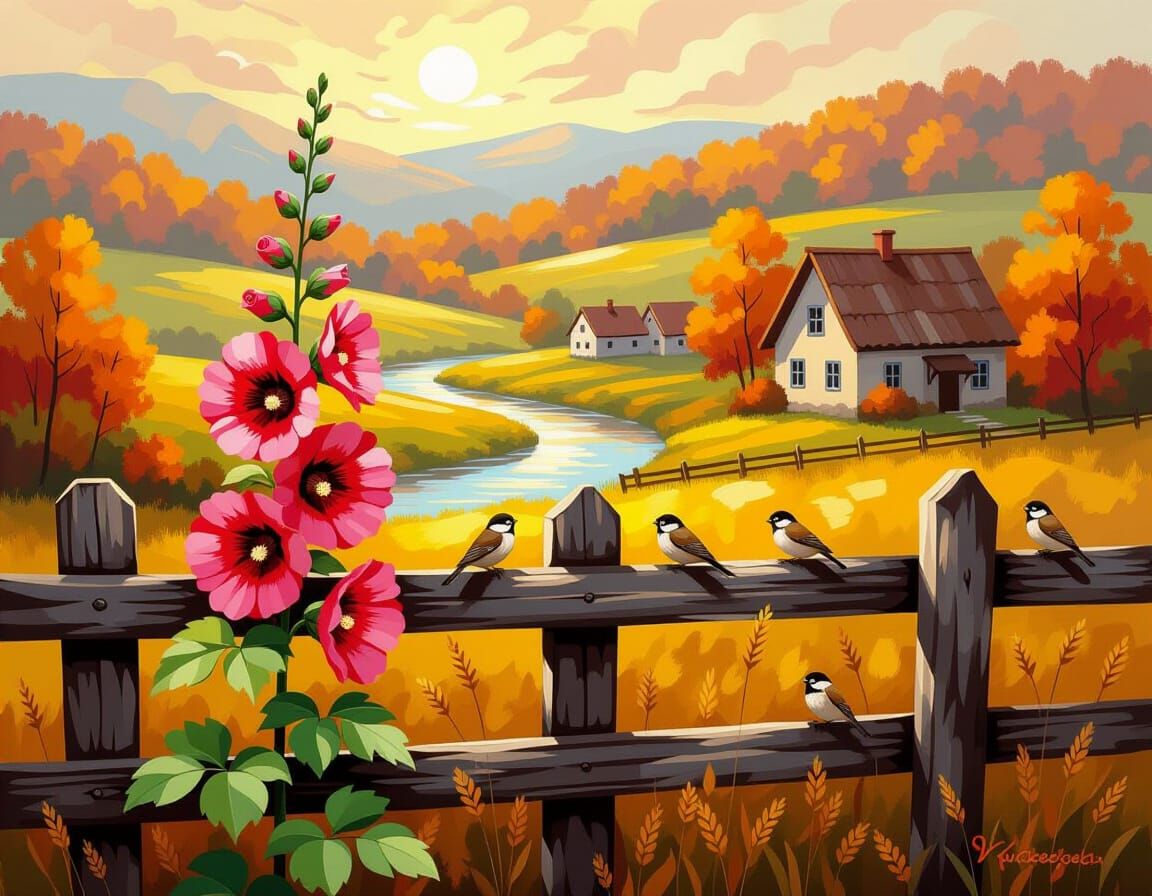 Impressionistic Hollyhocks Bloom by Cozy Village