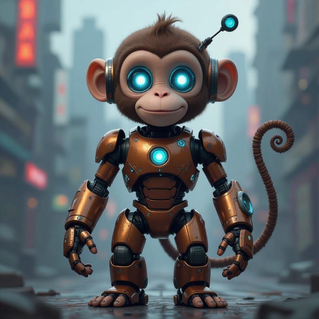 Robot Monkey Milo in Futuristic Cityscape Cartoon