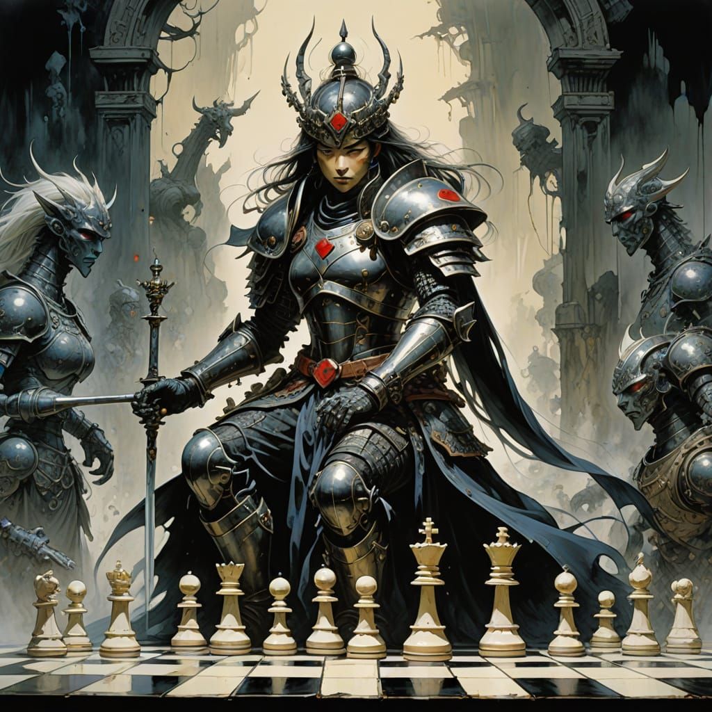 Surreal Chess Battlefield with Heart-Armored Warrior