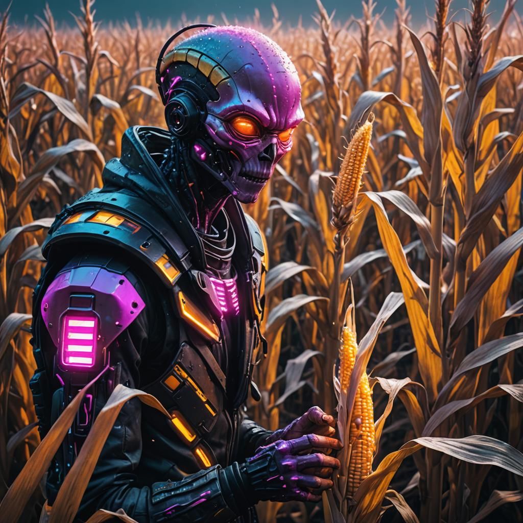 Neon Alien in Cyberpunk Cornfield