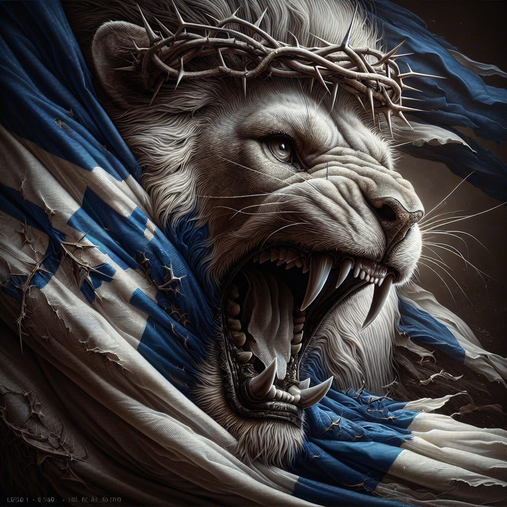 Ferocious Lion Tears Flag in Dark Oil Painting