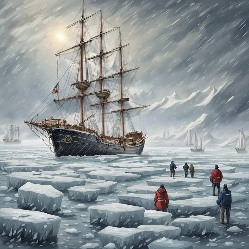 Sailing Ship Stranded in Ice, Sailors Escape