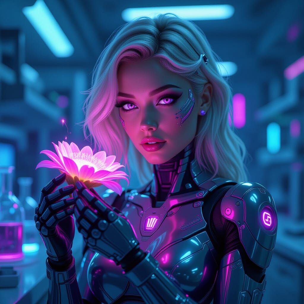 Cyborg Woman with Bioluminescent Flower in Digital Art Style