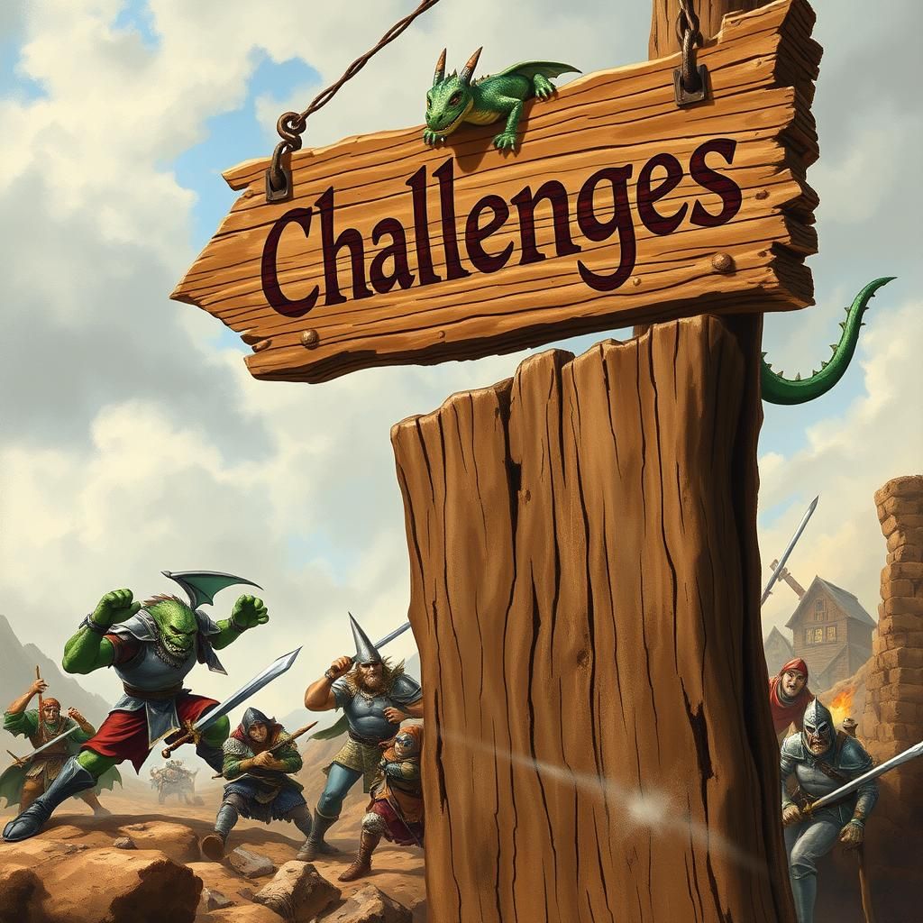 Fantasy Battle Scene Under Weathered Sign