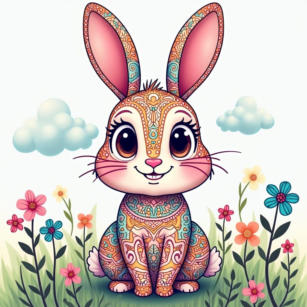 Fantasy Rabbit in Whimsical Landscape, Coloring Art